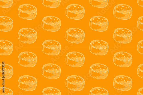 Seamless pattern featuring hand-drawn cheese wheels in vintage engraving and hatching style on a warm orange background. Perfect for dairy branding, packaging, textiles, and culinary prints.