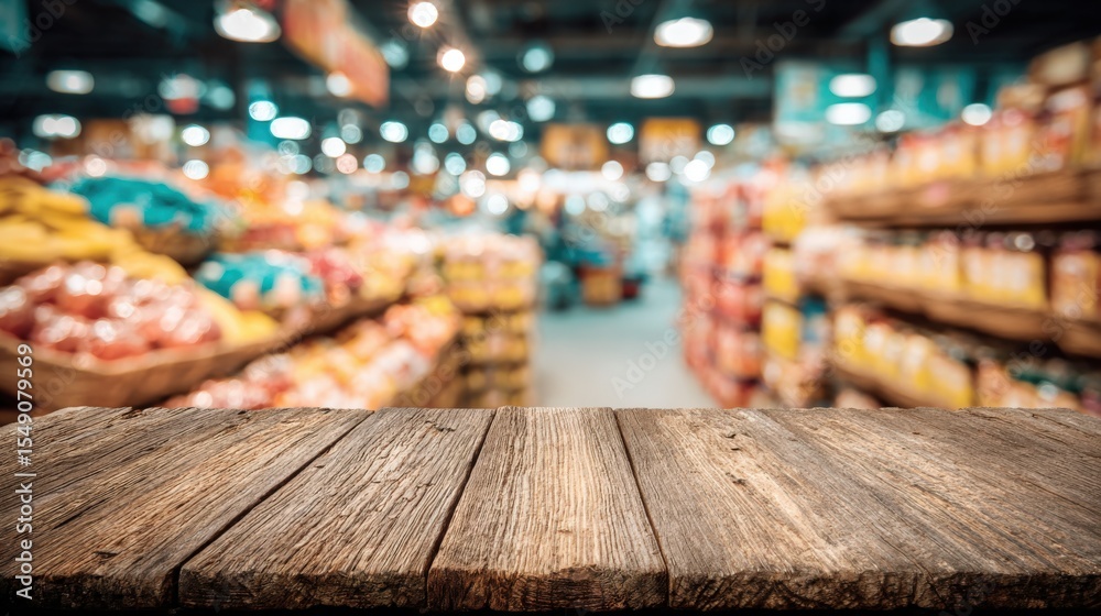 Fototapeta premium Wide view of supermarket aisle with shelves stocked with food and grocery products