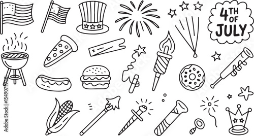 Hand-drawn festive symbols and food for 4th of July celebrations
