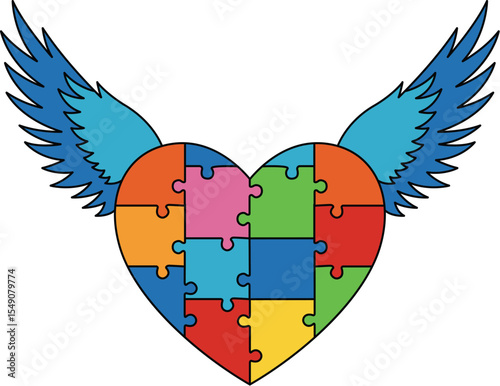 Puzzle Heart with Wings Symbol of Autism Awareness and Love minimal art. 