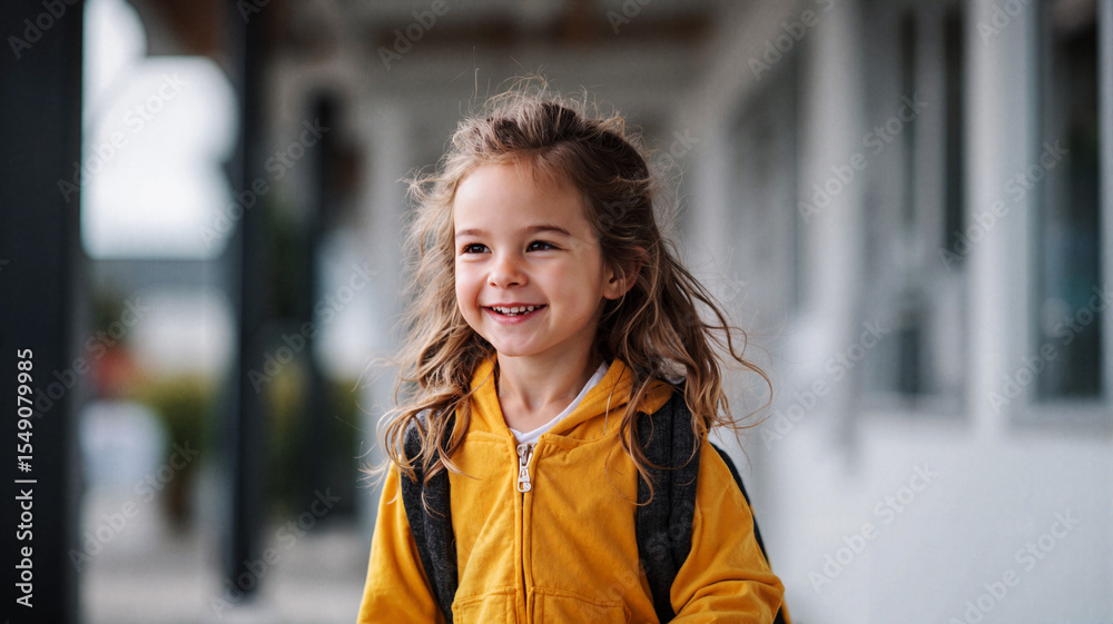 Fototapeta premium Young girl smiling with backpack outdoors in a sunny setting 