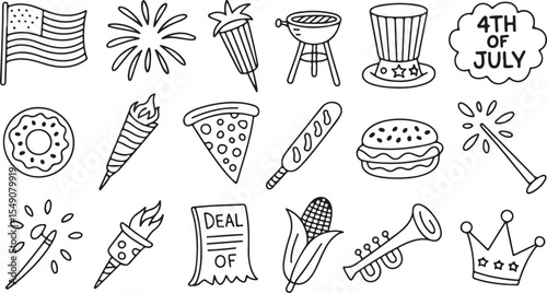 Black and white vector sketch of Fourth of July celebration symbols