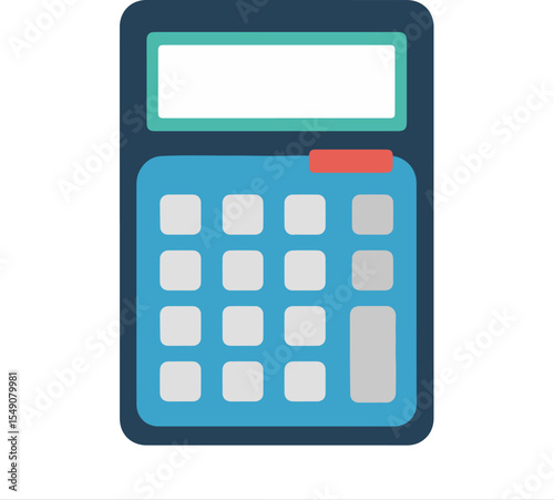 Flat Style Blue and Teal Calculator with Blank Screen and Rounded Light Gray Buttons on White Background