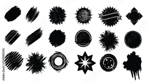 Set of black brushes ink splash vector illustrations with floral design elements