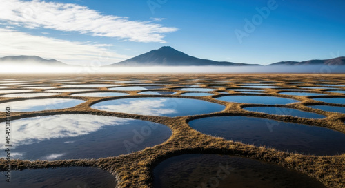 Expansive salt flats with reflective water pools and distant mountains.