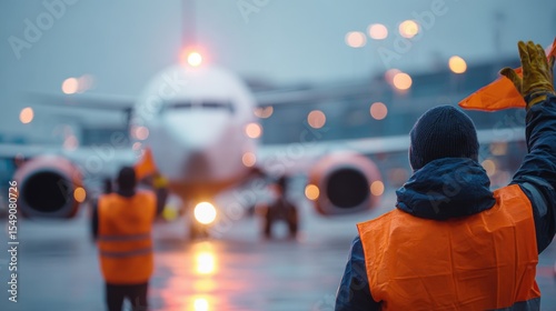 Ground Staff Guide Airplane Parking Traffic Control At Modern Airport Du Night