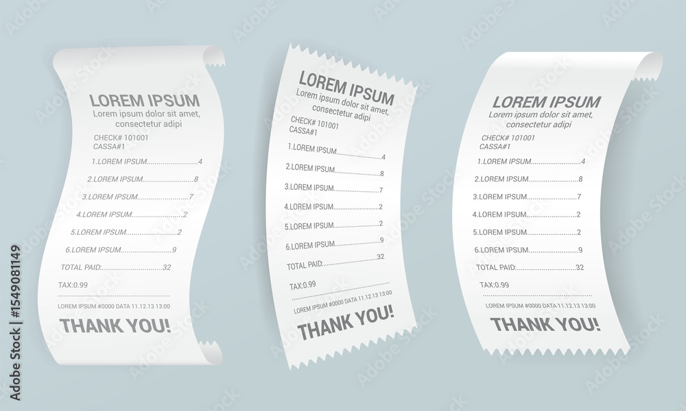 Naklejka premium Payment check isometric set. Buying financial invoice bill purchasing calculate pay isolated. Receipt the seller forms at the online checkout for transfer to the buyer or client, paper piece