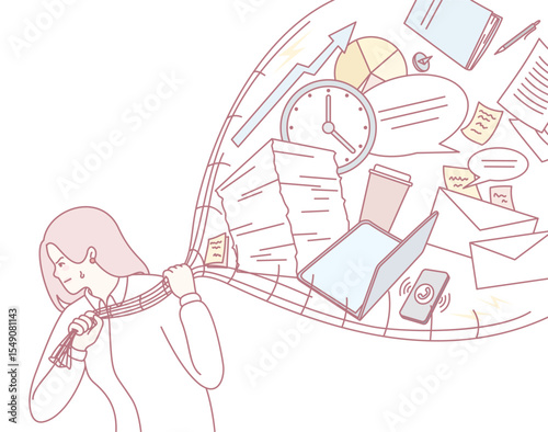 An illustration of a person juggling multiple tasks amid a whirlwind of documents representing modern work complexity