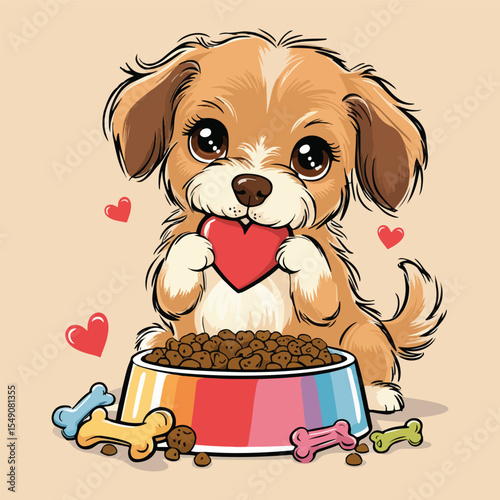 Cute dogs bite heart with a bowl of food Vector illustration