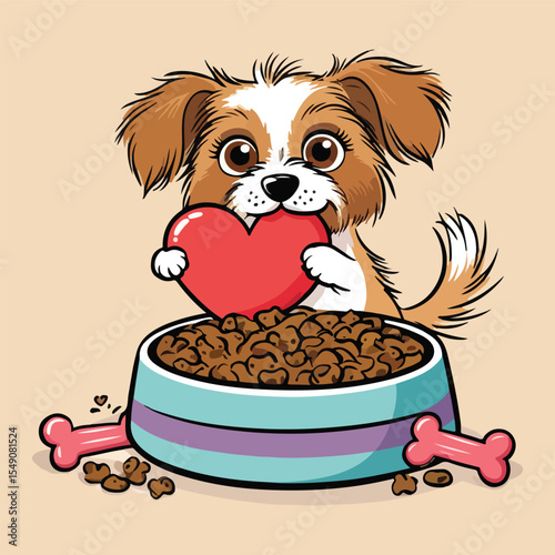 Cute dogs bite heart with a bowl of food Vector illustration