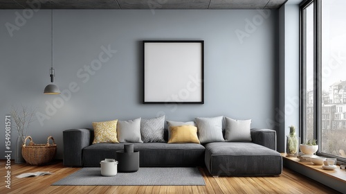 Modern minimalist living room with large window  cozy sofa and contemporary decor