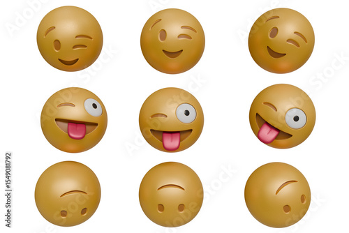 Nine 3D rendered emojis displaying variations of winking, smiling, tongue-out, and unimpressed facial expressions. showcasing a playful and slightly mischievous tone
