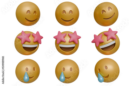 Nine 3D rendered emoji faces showcasing a range of emotions; happy, starry-eyed, and teary-eyed, subtly varying expressions within each emotion category.  The emojis are round, golden yellow