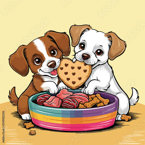 Cute dogs bite heart with a bowl of food Vector illustration
