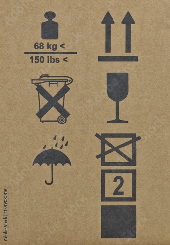 Warning labels packaging symbols silhouette shapes umbrella glass arrows, this way up fragile keep dry height weight limit transportation logistics instructions.
