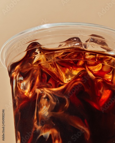Close-up of caramel iced Americano coffee in a transparent plastic cup with swirling coffee and water texture, commercial beverage photography showcasing artisanal coffee craft, refreshing summer cold