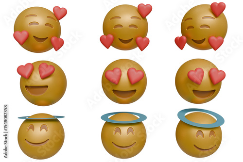 Nine 3D emojis displaying variations of happiness and love;  smiling faces adorned with hearts and haloes, exhibiting slight positional differences