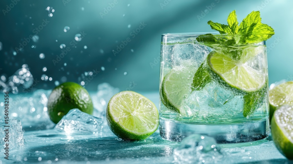 Fototapeta premium A refreshing mint lime cocktail garnished with fresh mint leaves and lime slices, set against an aqua backdrop highlights its thirst-quenching nature.