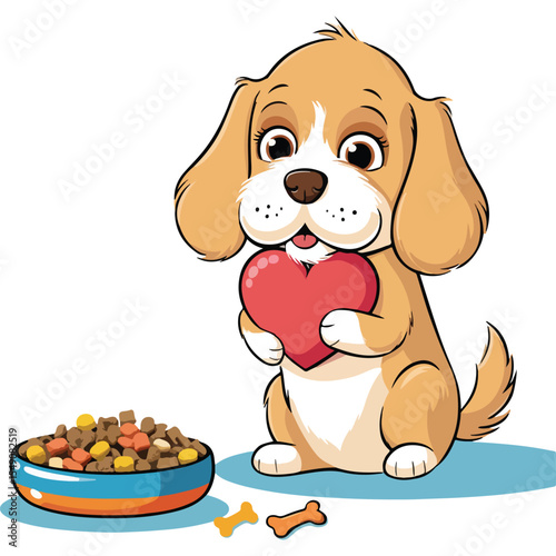 Cute dogs bite heart with a bowl of food Vector illustration