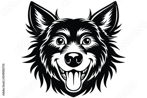Black and white illustration features a smiling dog head with its tongue out