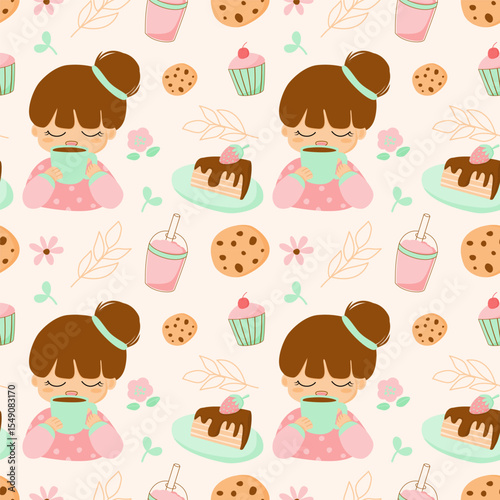 A cute cartoon girl seamless pattern enjoying food and drink, including cupcakes, cookies, and iced beverages. Rendered in soft pastel colors, this sweet illustration is perfect for children's designs