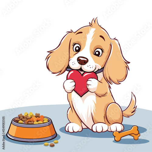 Cute dogs bite heart with a bowl of food Vector illustration
