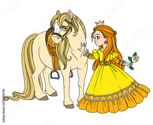 Beautiful cartoon princess in yellow dewss stroking a horse on white background