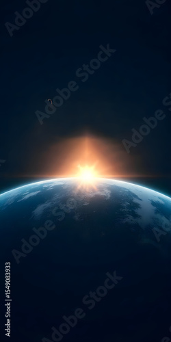 Sunrise over the curvature of earth with a crescent moon visible in the dark expanse of space