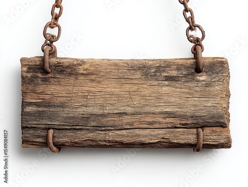 Rustic wooden signboard hanging from metal chains with blank space for message