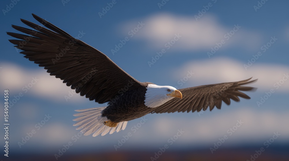 Fototapeta premium Majestic bald eagle soa through cloudy sky with outstretched wings and eyesight