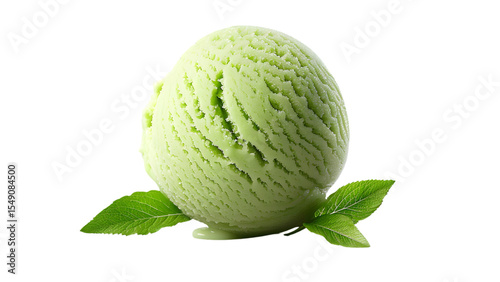 Creamy green tea ice cream scoop with fresh mint leaves on bottom refreshing summer dessert transparent background