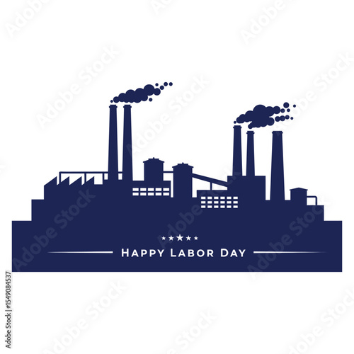 Happy Labor Day Factory Silhouette Vector - Industrial Landscape Graphic with Stars for American Holiday Celebration, Workforce, and Industry Recognition