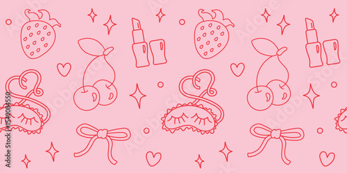 Bows, girly accessories and berries seamless pattern. Cute girly design. Vector background for desktops, prints and articles.