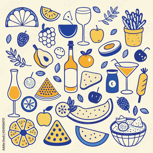 A delicious seamless pattern design featuring vector icons of various foods and drinks like cake, coffee, and ice cream perfect for any restaurant or party illustration