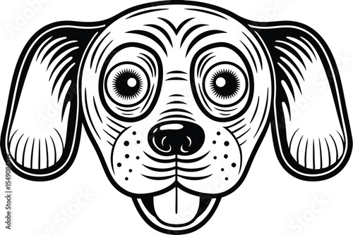 A cute stylized monochrome dog head shows its tongue with a happy expression