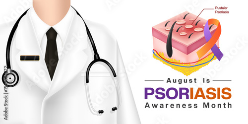 August is Psoriasis Awareness Month. Pustular psoriasis and doctor. Suitable for posters, banners and social media. White background.