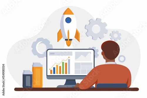Man analyzing business growth charts with a rocket launch concept illustration