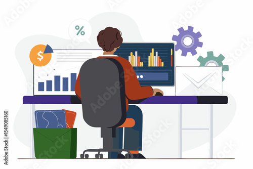 Man Analyzing Financial Data on Computer at Desk in Office