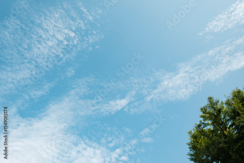 ふわふわした薄い雲と夏のようなさわやかな青空　風に流れる雲と美しい天気　	
