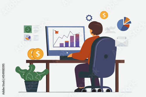 Financial Analyst Working on Computer with Charts and Graphs Illustration