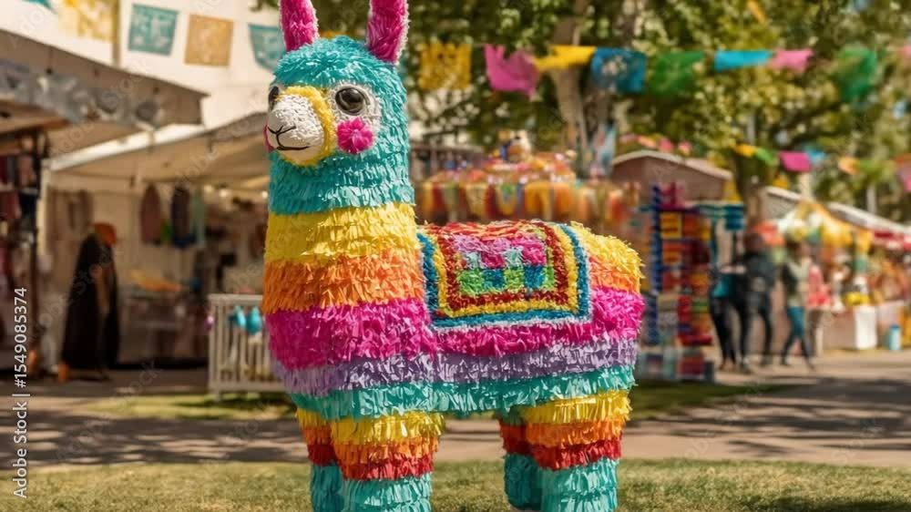 A colorful llama piñata at a bustling festive street market. Bright papel picado banners flutter in the background, creating a lively atmosphere. Mexican Folk Art