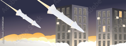 Rocket missiles hit cities. Illustration of modern war. Chaos due to ballistic missiles hitting cities at night. World war