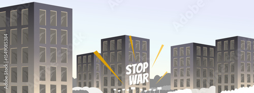 Stop war demonstration in urban center. Illustration of modern war. Stop prolonged conflict, regional war, nuclear war. Stop war. World war