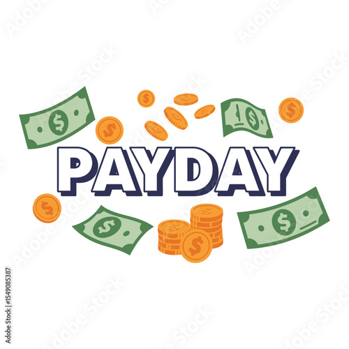 Payday Celebration Vector with Falling Money and Coins - Dynamic Graphic for Salary, Earnings, Finance, and Success, Ideal for Business, Banking, and Financial Content
