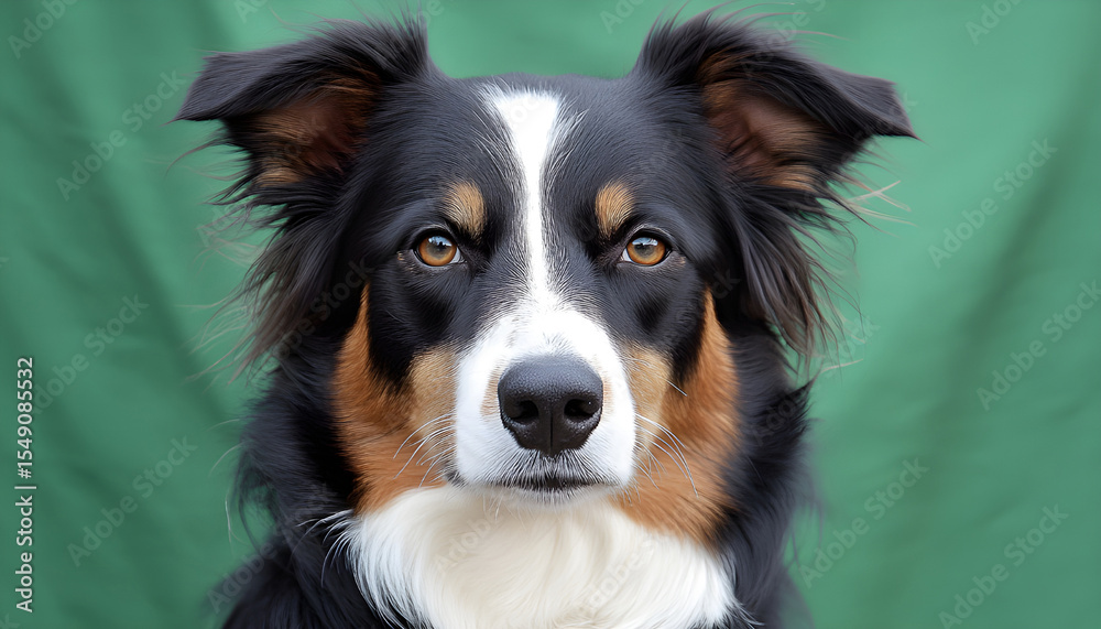 Fototapeta premium Portrait of attentive border collie puppy looks directly at camera. Cute dog with smart, serious expression on green backdrop.
