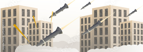 Rocket missiles hit cities. Illustration of modern war. Chaos due to ballistic missiles hitting cities at noon. World war