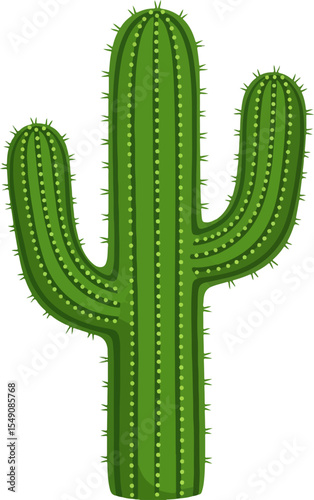 Stylized Green Saguaro Cactus with Textured Vertical Ribs and Rounded Arms in Flat Simple Illustration