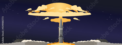 Rocket missiles launched and nuclear explosion effects. Illustration of modern war. Missile war threatens world stability due to the danger of nuclear use. World war