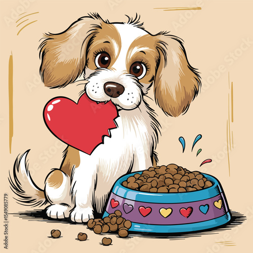 Cute dogs bite heart with a bowl of food Vector illustration