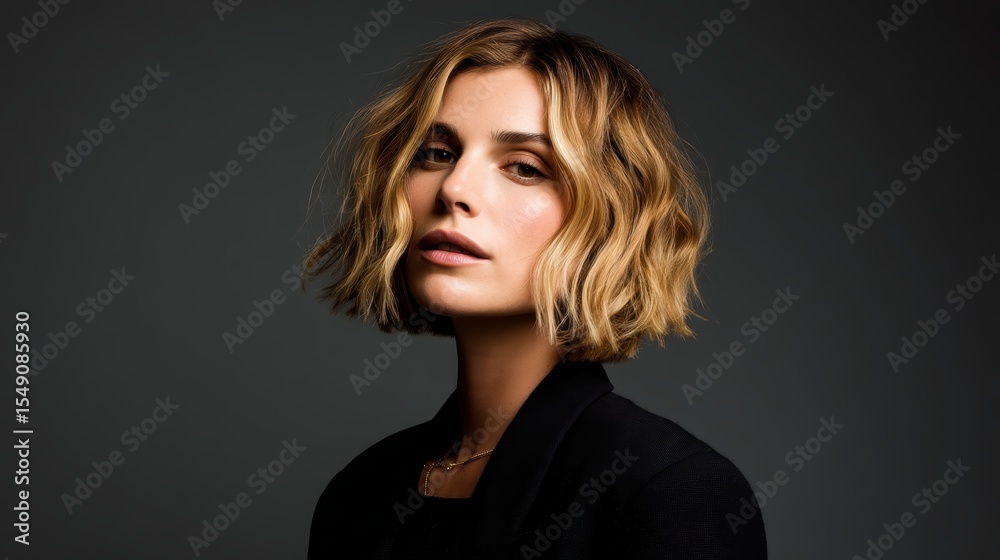 Naklejka premium Chic blunt bob with soft caramel balayage and textured ends